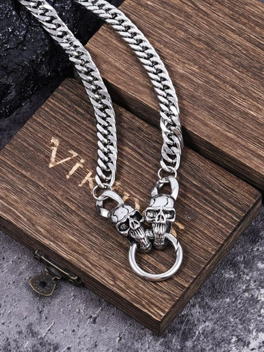 Mens double skull cuban chain necklace stainless steel